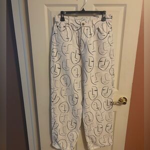 Shekou White Wide-Leg Jeans with Abstract Black Line Art Faces